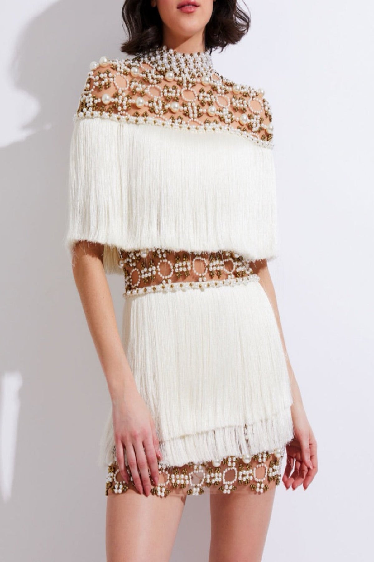 PatBo Hand-Beaded Pearl + Fringe Mini S
