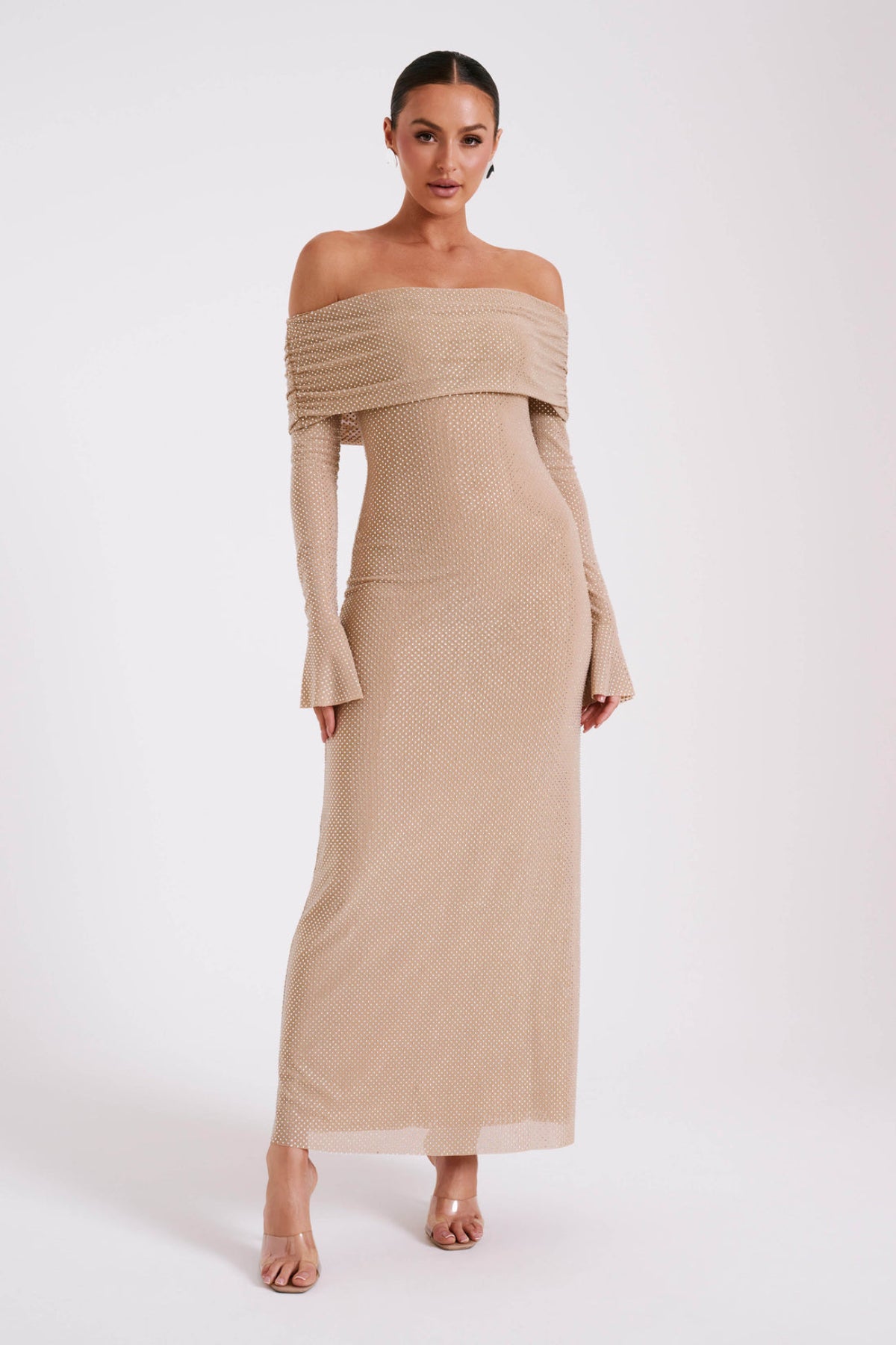Meshki Marcel Off Shoulder Diamante Maxi Dress L